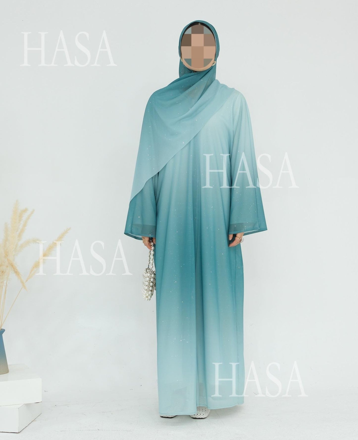 HS6617 Gradient Color Long Cardigan Two-Piece Set (Including Headscarf)
