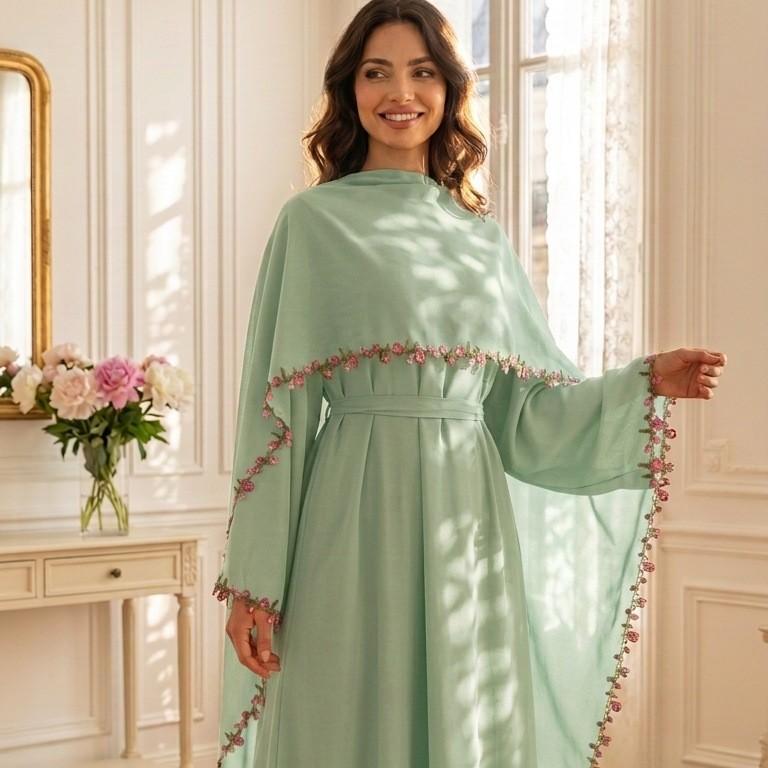 HASA HS6814 Loriya Pink Lace Stitching Two-piece Dress + Headscarf