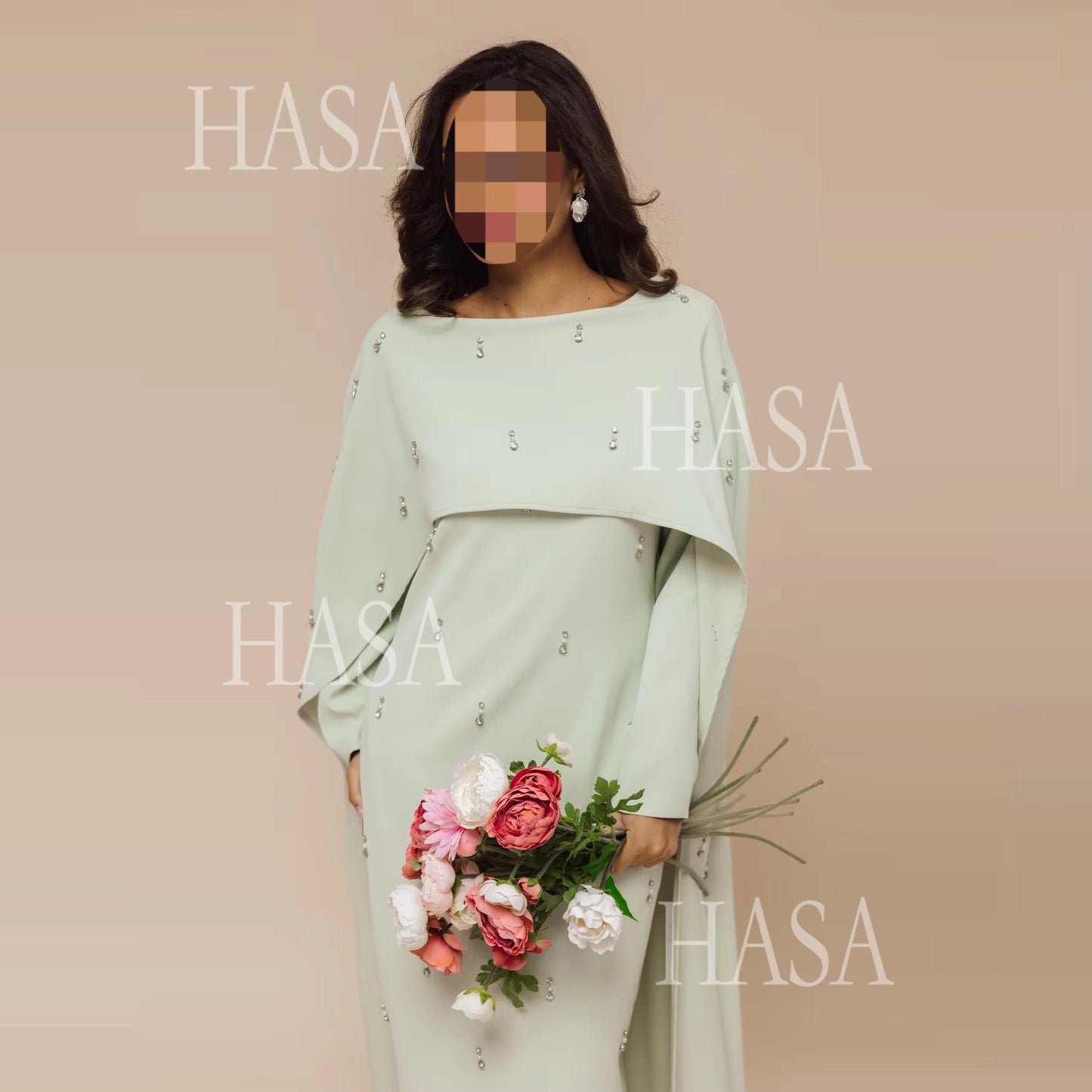 HS6505 Solid color beaded long dress with fake two-piece design