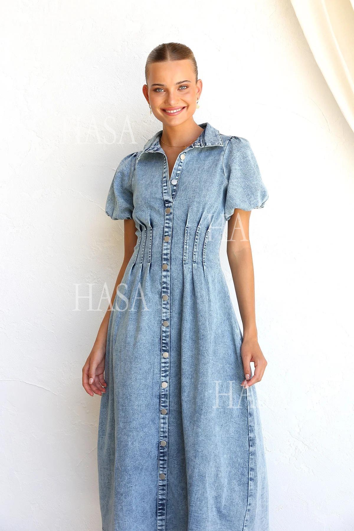HASA HS6797 Elegant Puff Sleeve Denim Maxi Dress