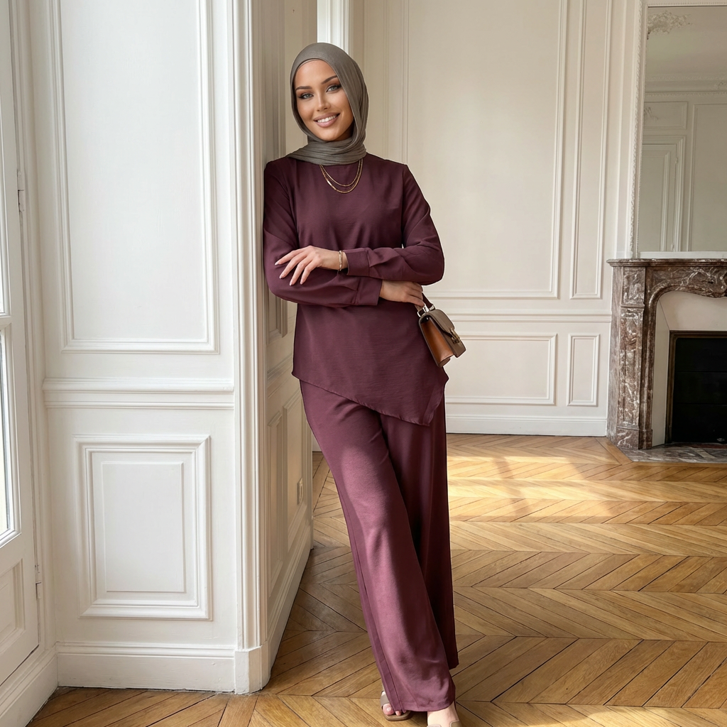 HS6614 Modest Nida Two-Piece Set with Waist Tie & Pocket Trousers