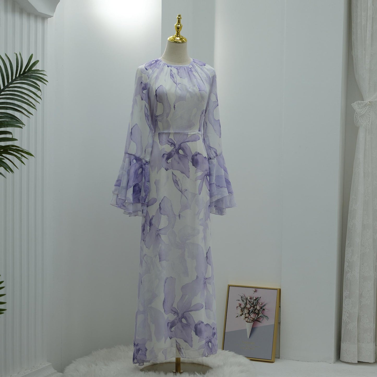 HASA HS6811 Chiffon Floral Maxi Dress Flare Ruffle Sleeve Elegant Long Dress for Women Daily Party Wear
