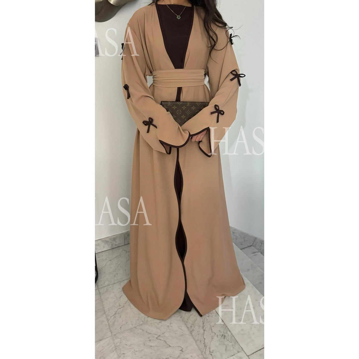 HS5883  A Two-piece Robe and Skirt Set with A Soft Bow and A Belt Design open abaya outfit