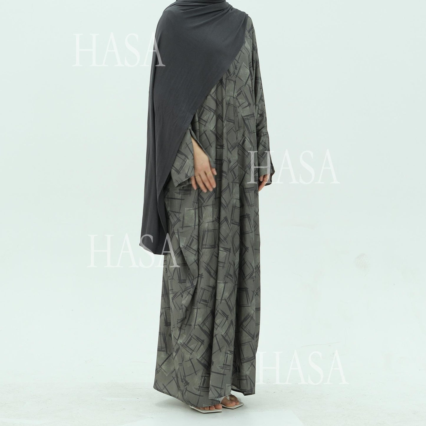 HS6504 Grey geometric print long cardigan Abaya (headscarf not included)