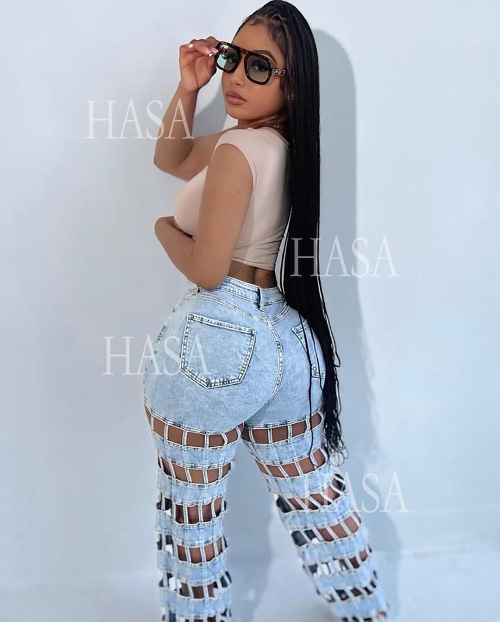 HASA HS6778 Statement High Waist Denim Pants with Cutout Leg Detail