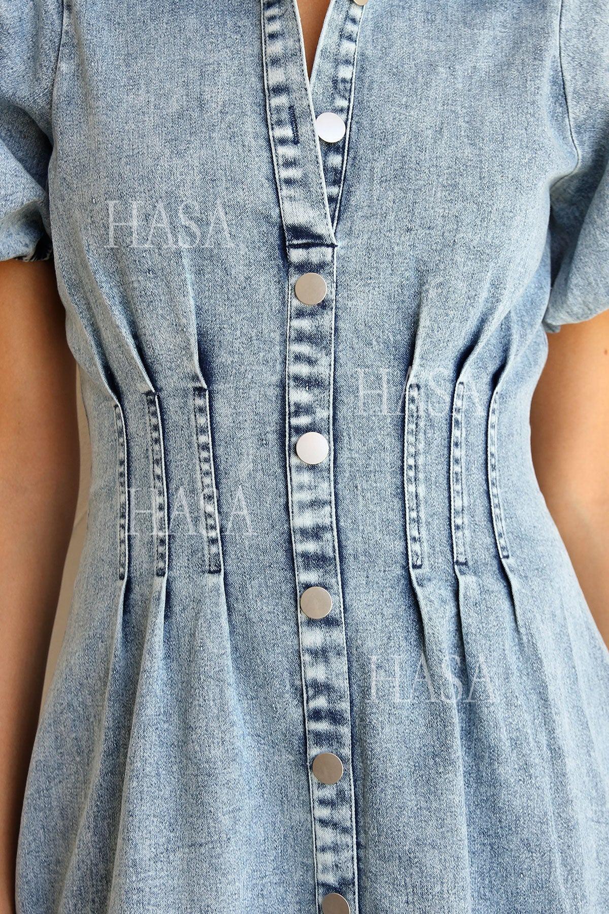HASA HS6797 Elegant Puff Sleeve Denim Maxi Dress