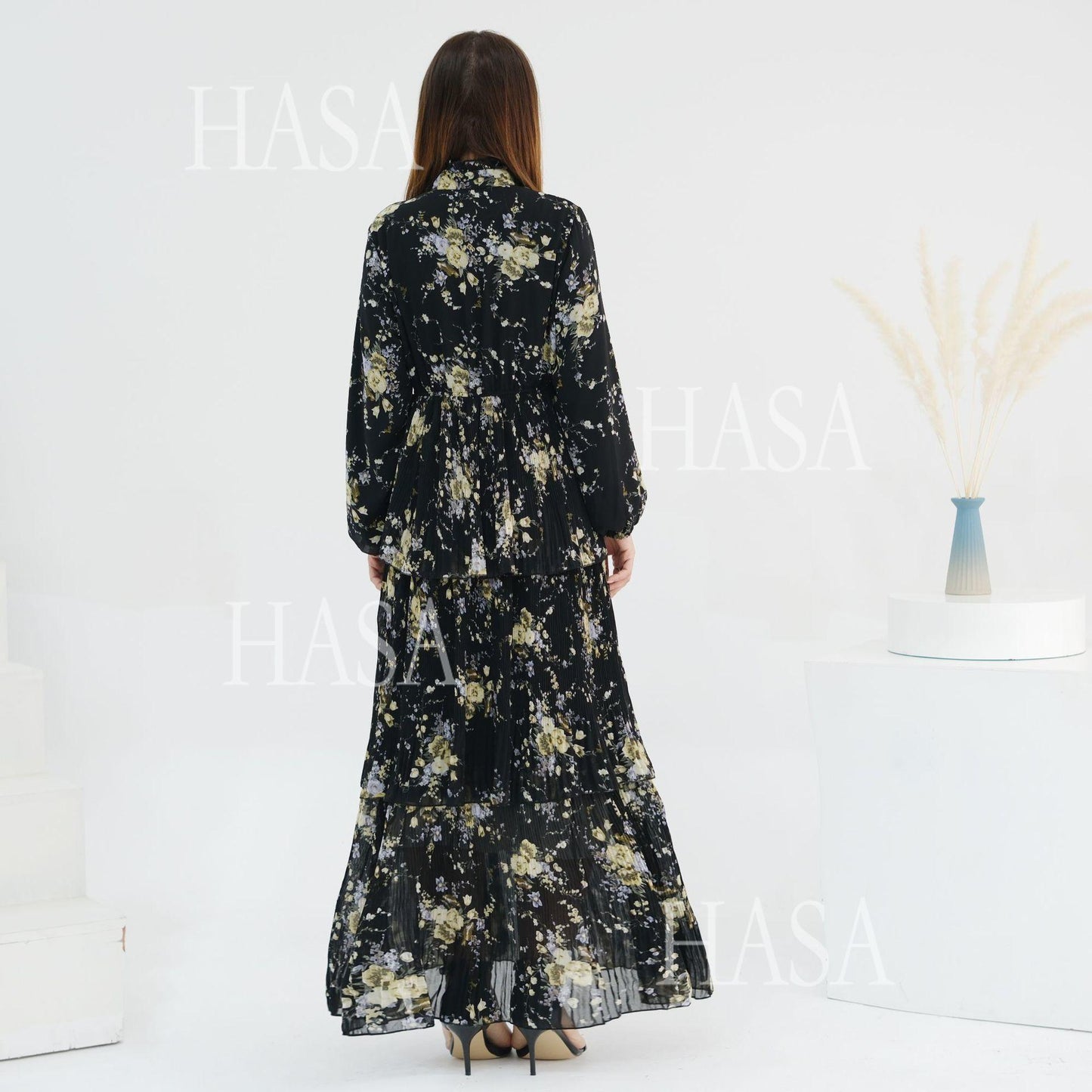 HS6500  Romantic Layered Print Long Dress