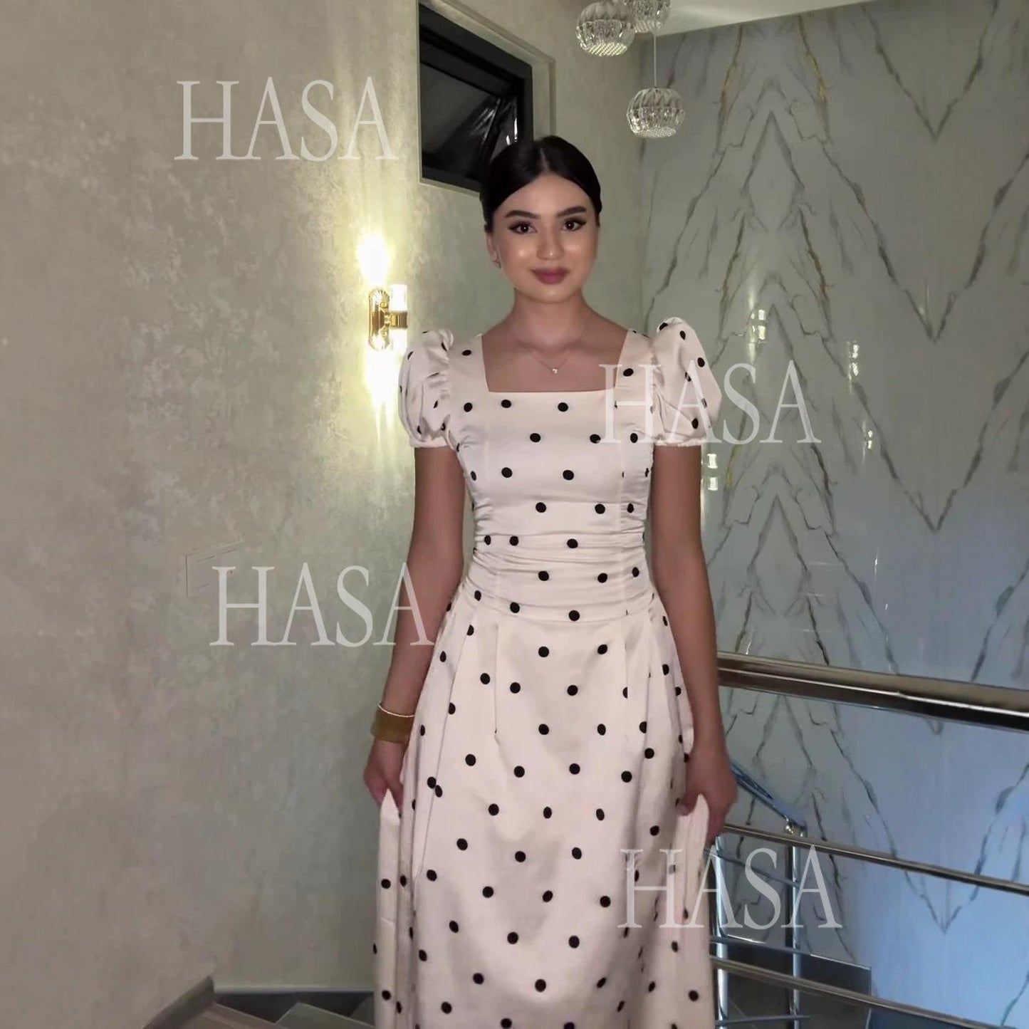 HASA HS6752 Feminine High Waist Flowy Evening Dress
