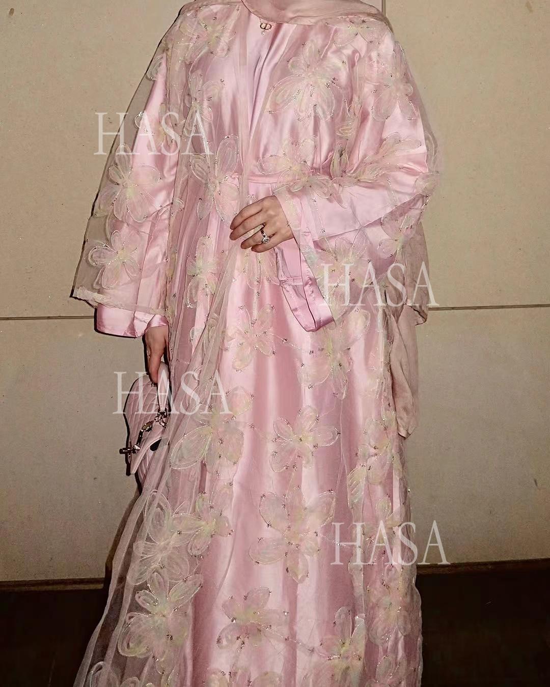 HS6516 Two-piece Maxi Dress with Embroidered Cardigan. Headscarf Not Included.