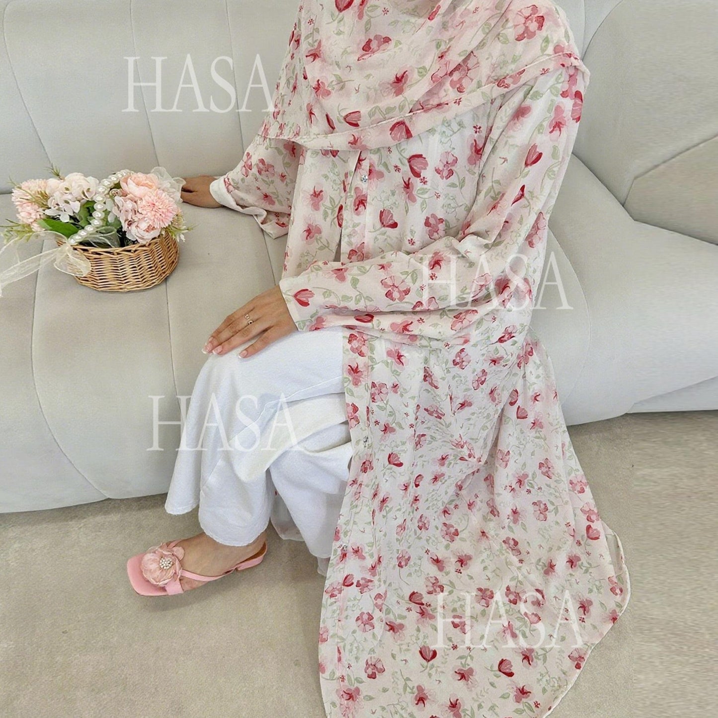 HS6515 Summer Printed Chiffon Jacket and Headscarf Two-Piece Set