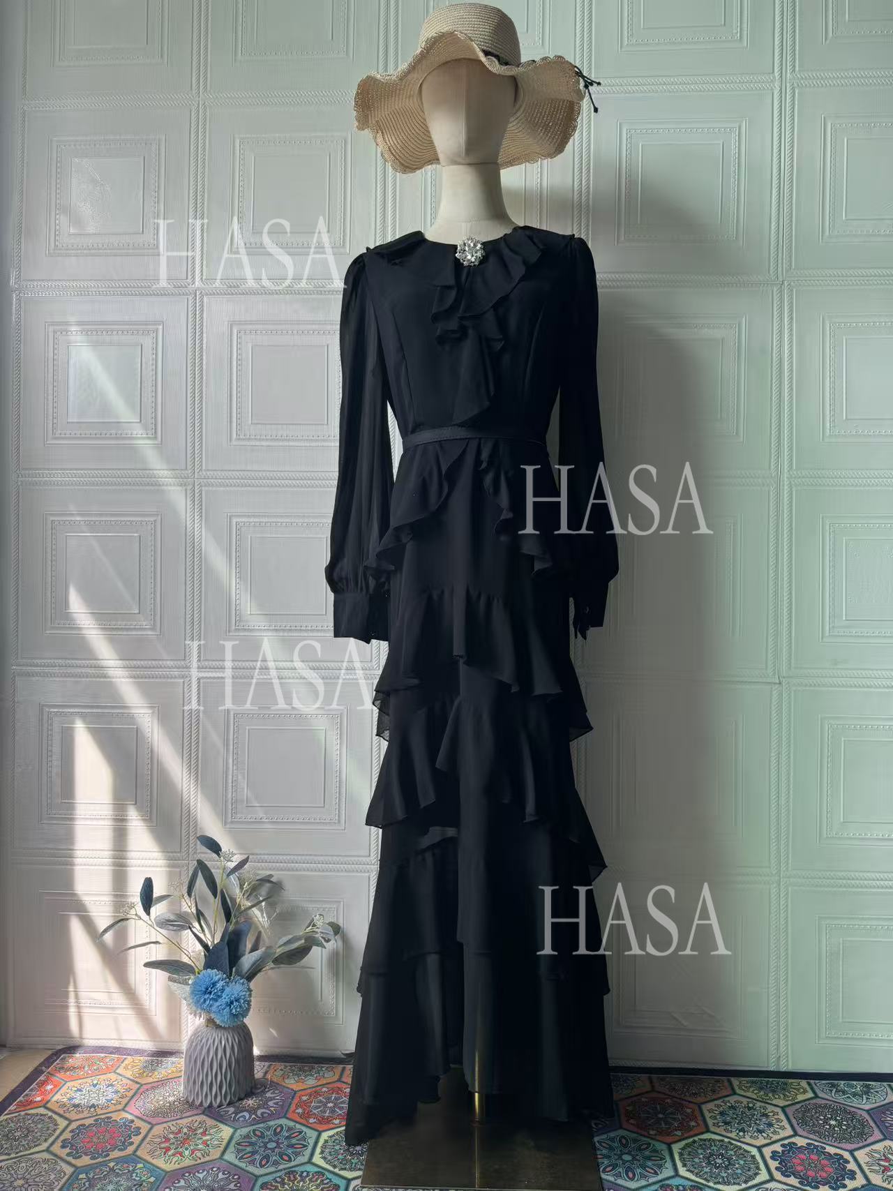 HS6733 Flowy Elegant Maxi Dress with Cascading Ruffles