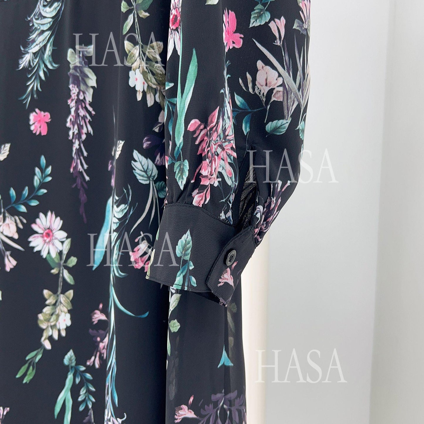 HS6531 Chiffon Printed Ankle-Length Maxi Dress with Long Sleeves