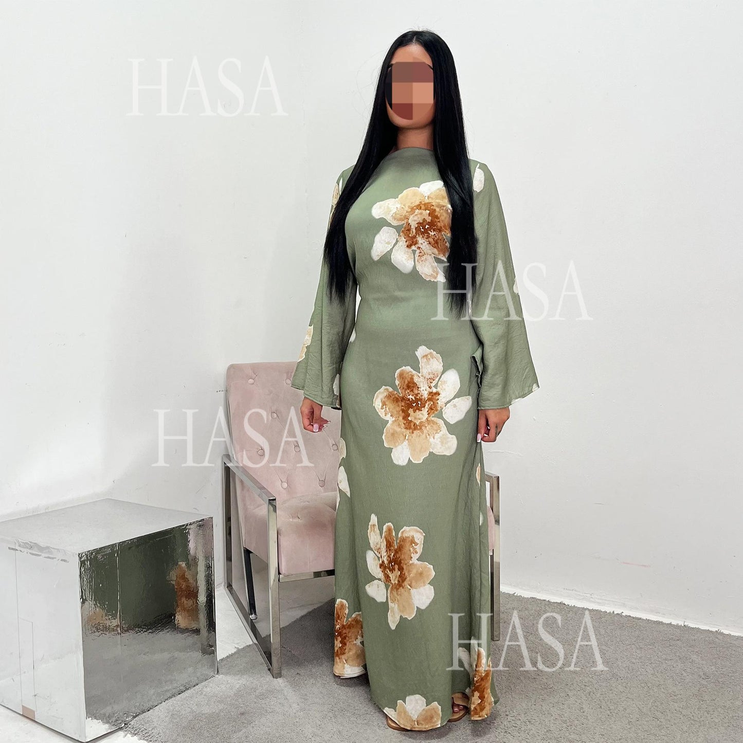 HS6503 Long-sleeved Waist-length Printed Dress (one Piece)