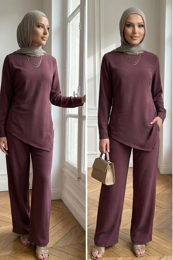 HS6614 Modest Nida Two-Piece Set with Waist Tie & Pocket Trousers