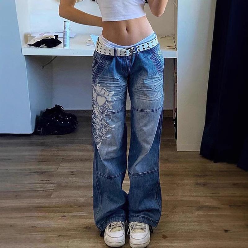 HS6382 Street Style Women's Clothing Irregular Printing Loose Trousers Low Waist Folds Washed for Old Multi-colored Jeans