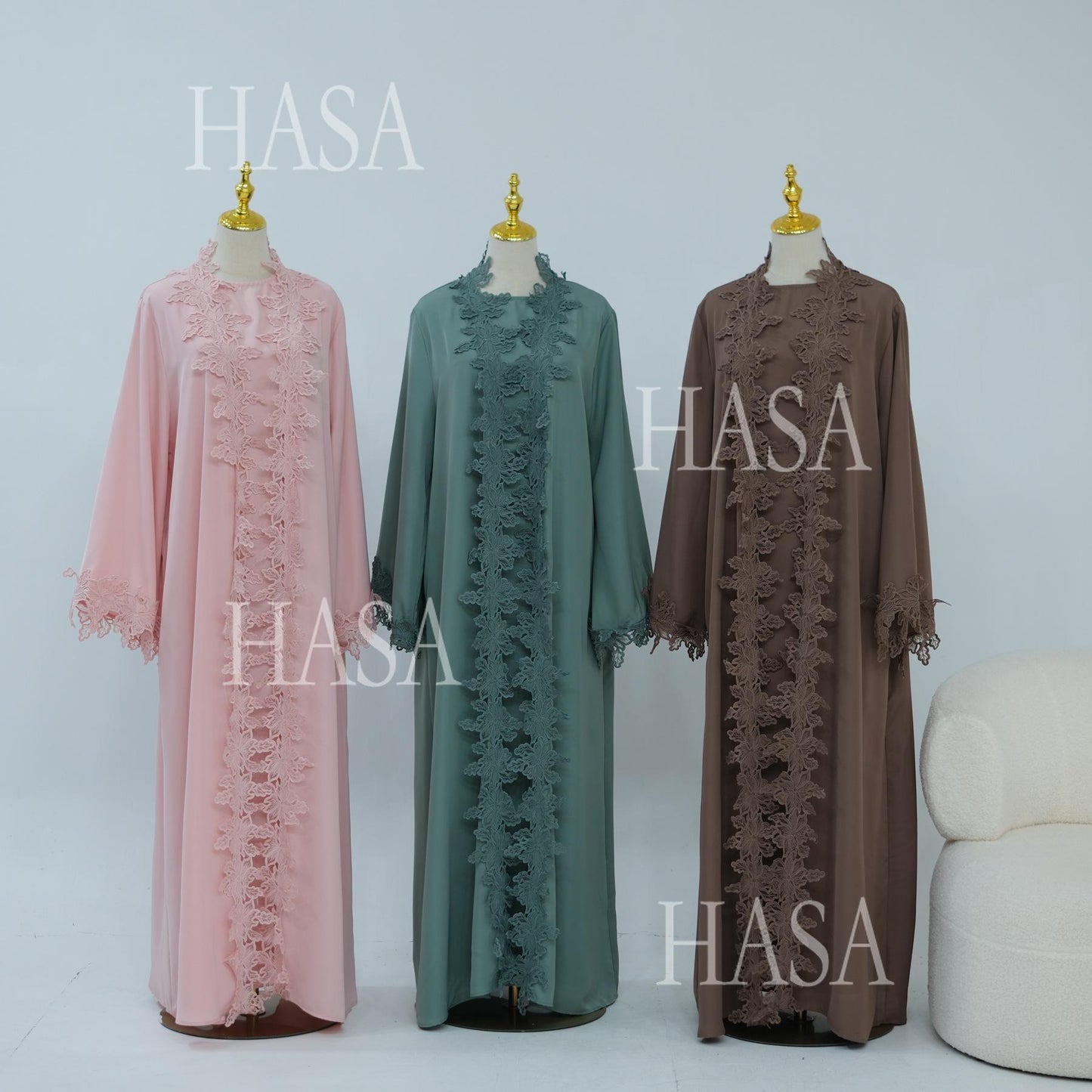 HASA HS6780 Chic Floral Embroidered Open Abaya Two Piece Outfit