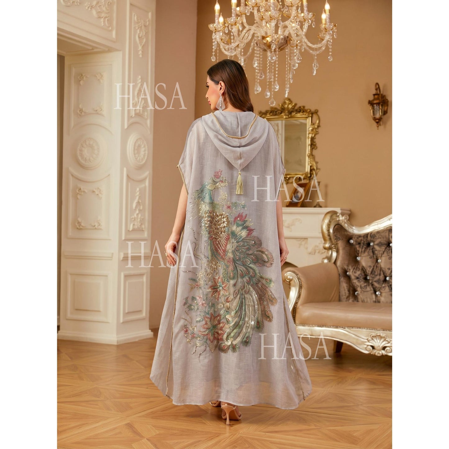HASA HS6763 Elegant Tassel Hooded Maxi Ensemble