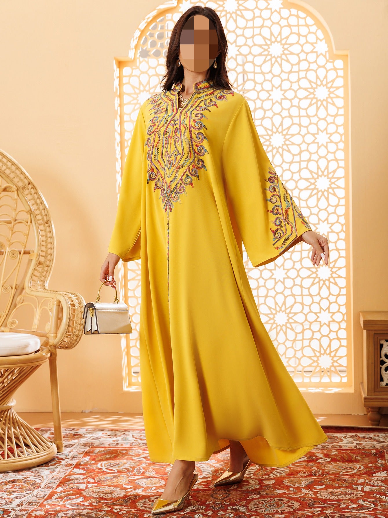 HS6669 Pullover Embroidered Robe Dress with Simple Long Sleeves