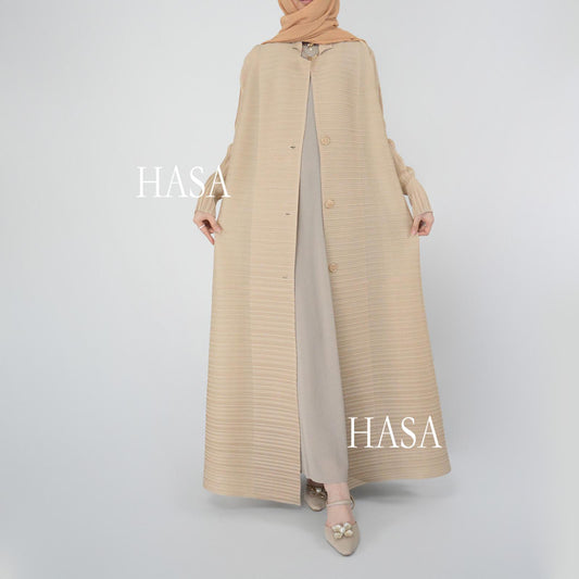 HS6160 Elegant Long Sleeve Abaya in Solid Tone with Pleats and Button Detail At Collar