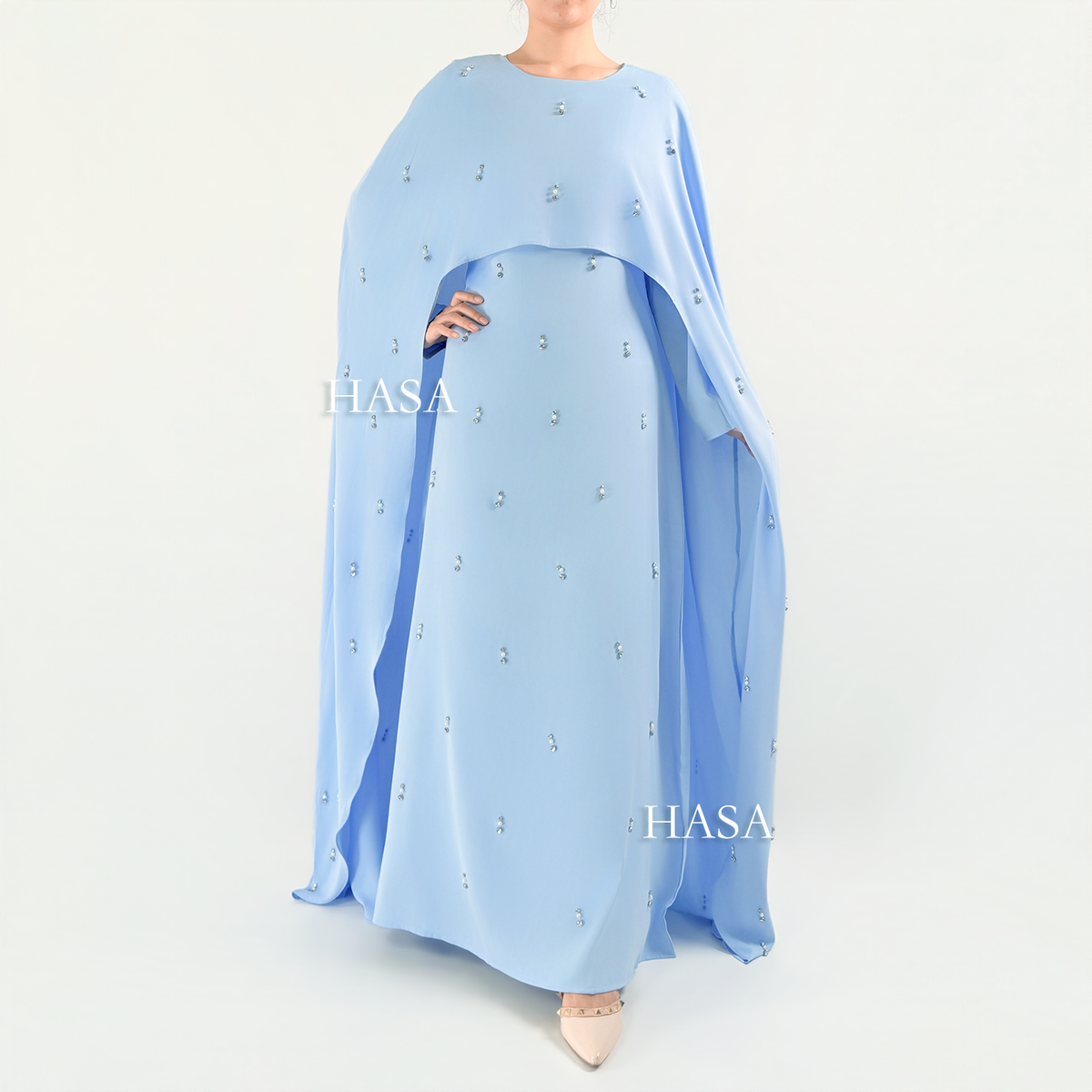 HS6505 Beaded Maxi Dress with Attached Cape Overlay
