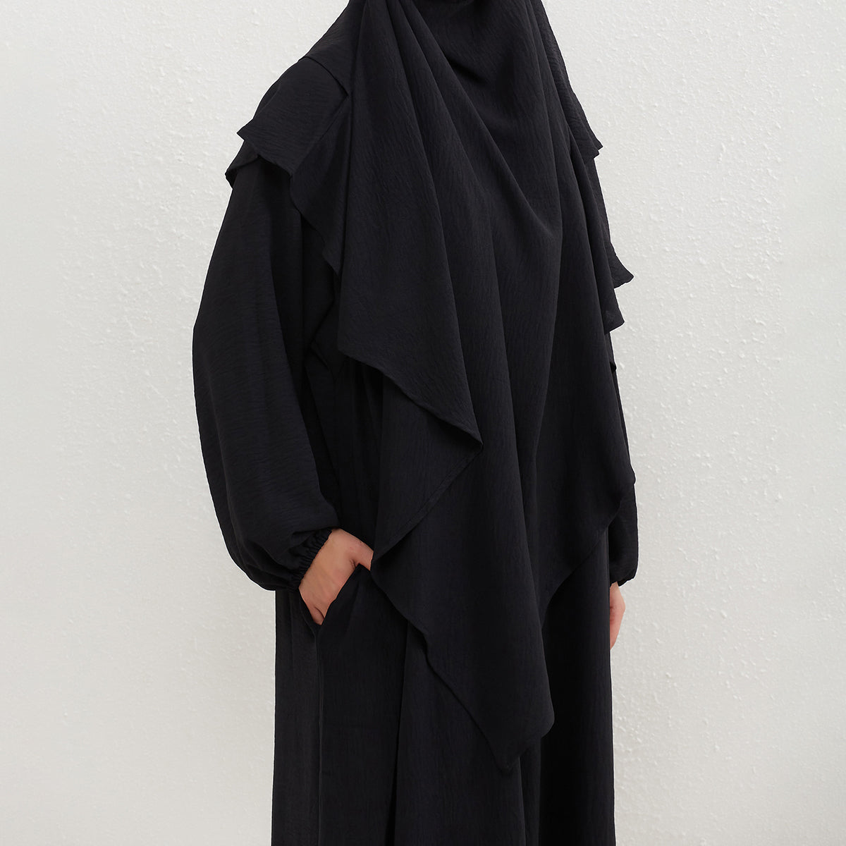 HASA HS0559 Crepe Abaya with Pockets + Layered Khimar Set