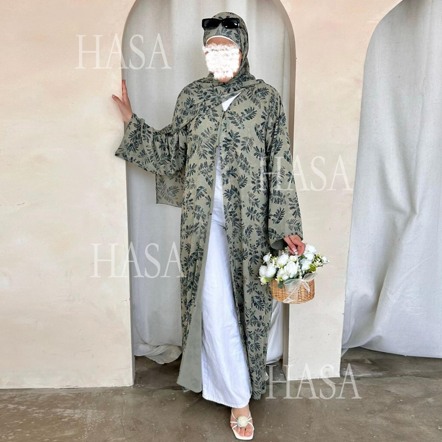 HS6515 Summer Printed Chiffon Jacket and Headscarf Two-Piece Set
