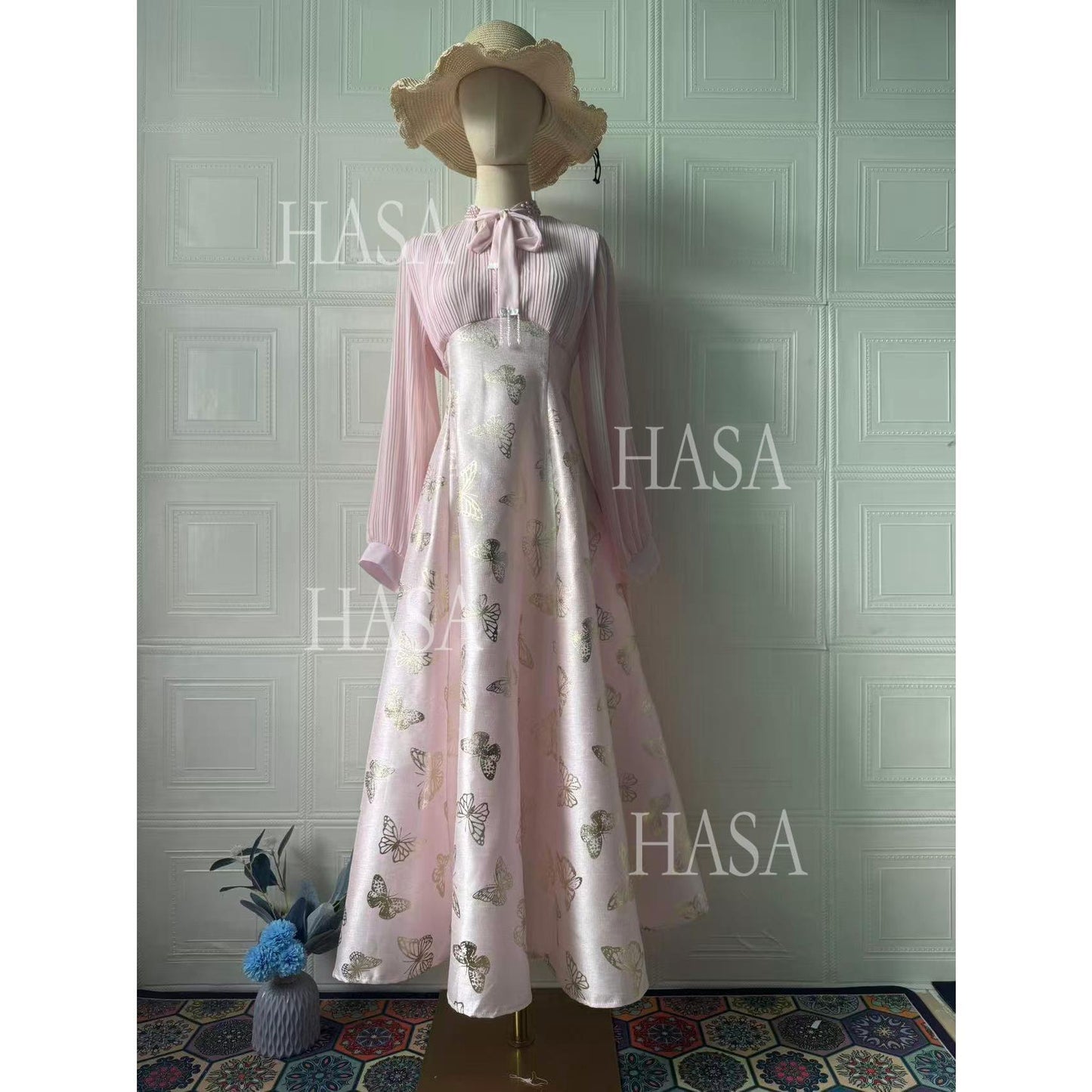 HS6734 Flowy Feminine Maxi Dress with Embroidered Butterfly Design