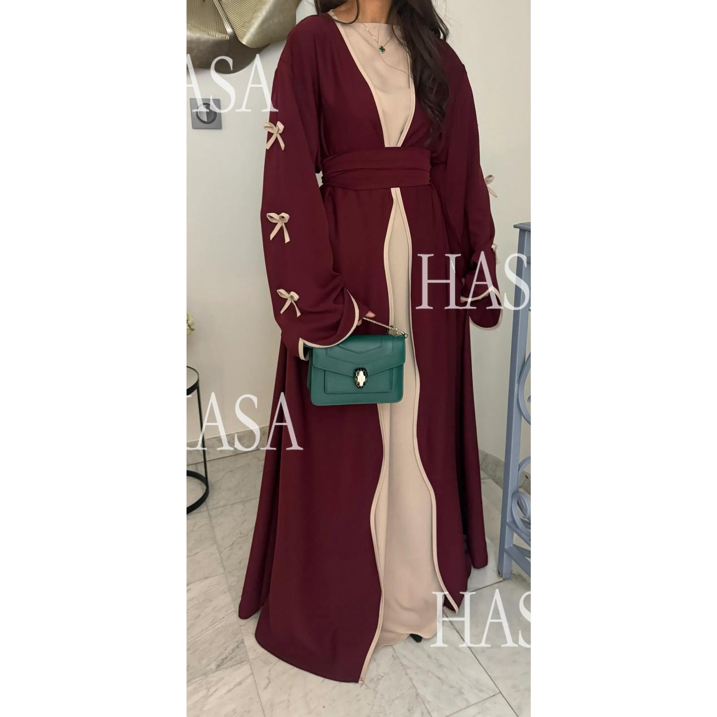 HS5883  A Two-piece Robe and Skirt Set with A Soft Bow and A Belt Design open abaya outfit