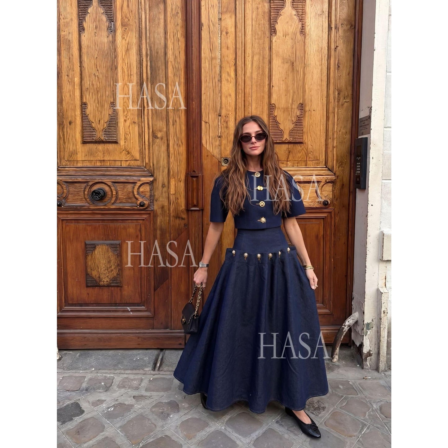 HASA HS6786 Luxury Look Dark Wash Denim Crop Top and Long Skirt Outfit