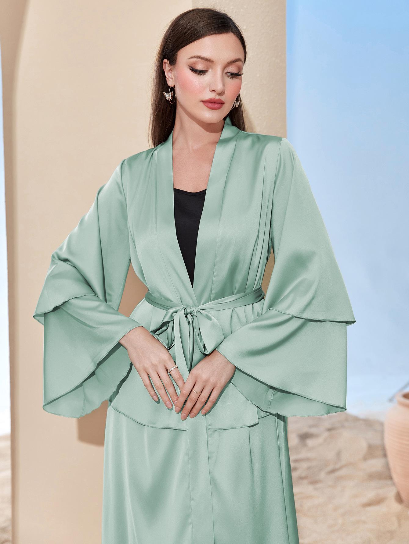 HASASERIES HS0480 Elegant Satin Silk Fabric Three Layer Open Abaya with Two Layer Sleeves