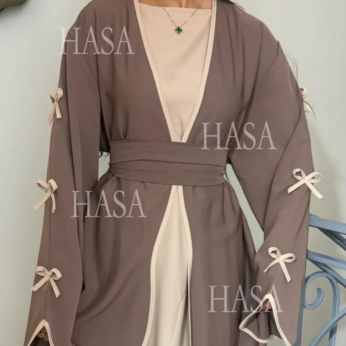 HS5883  A Two-piece Robe and Skirt Set with A Soft Bow and A Belt Design open abaya outfit