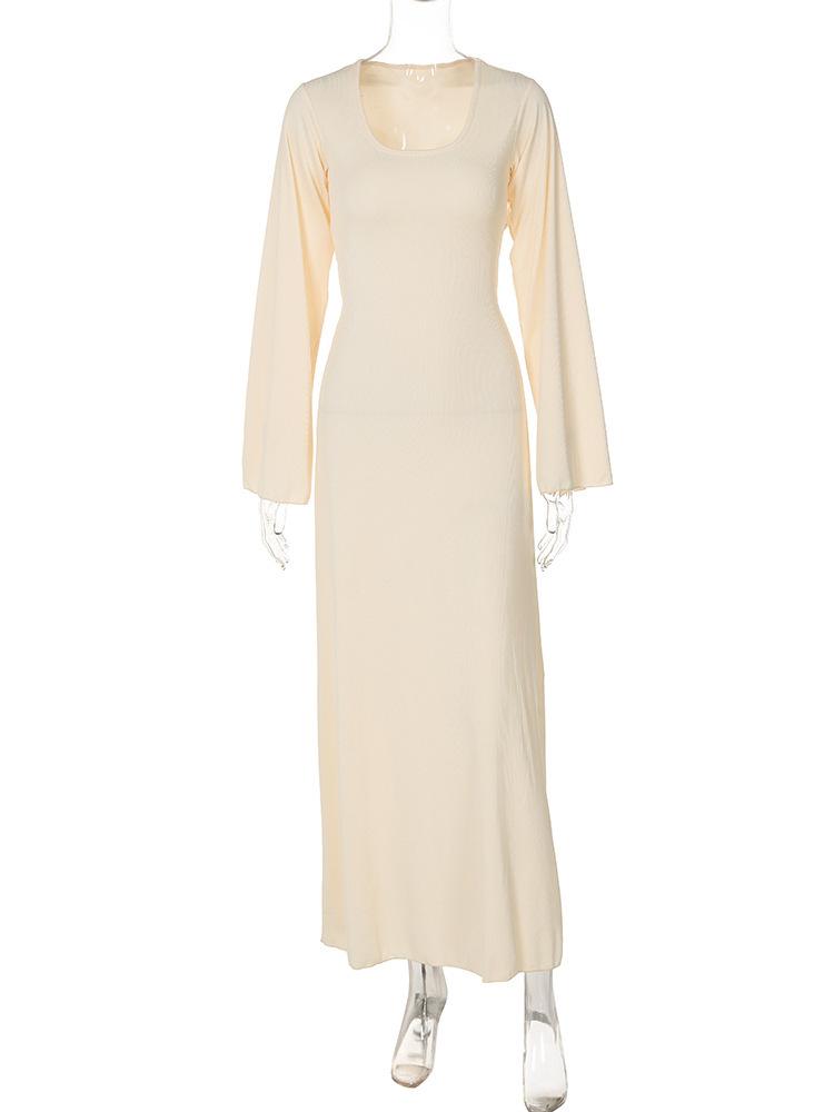 HASASERIES HS0676 Flared Long Sleeved High Waist Maxi Skirt with Lace-up Back