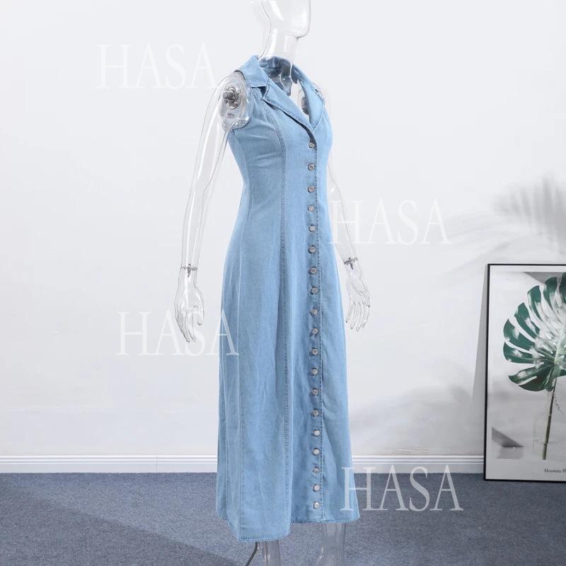 HASA HS6775 Elegant V Neck Button Front Denim Dress