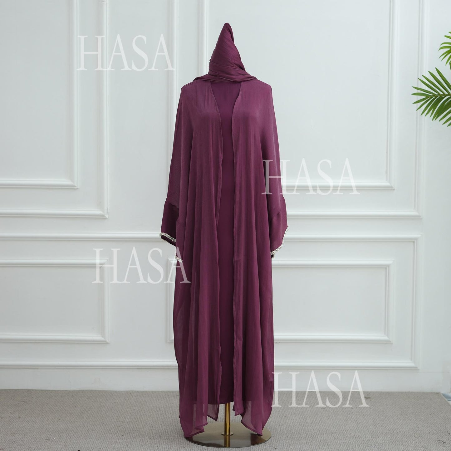 HS6553  Two-Piece Solid Abaya with Beaded Details and Matching Scarf Option