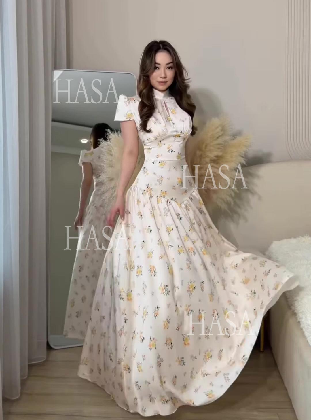 HS6739 Vintage Blue Floral Maxi Dress  High Neck Flowy Long Dress