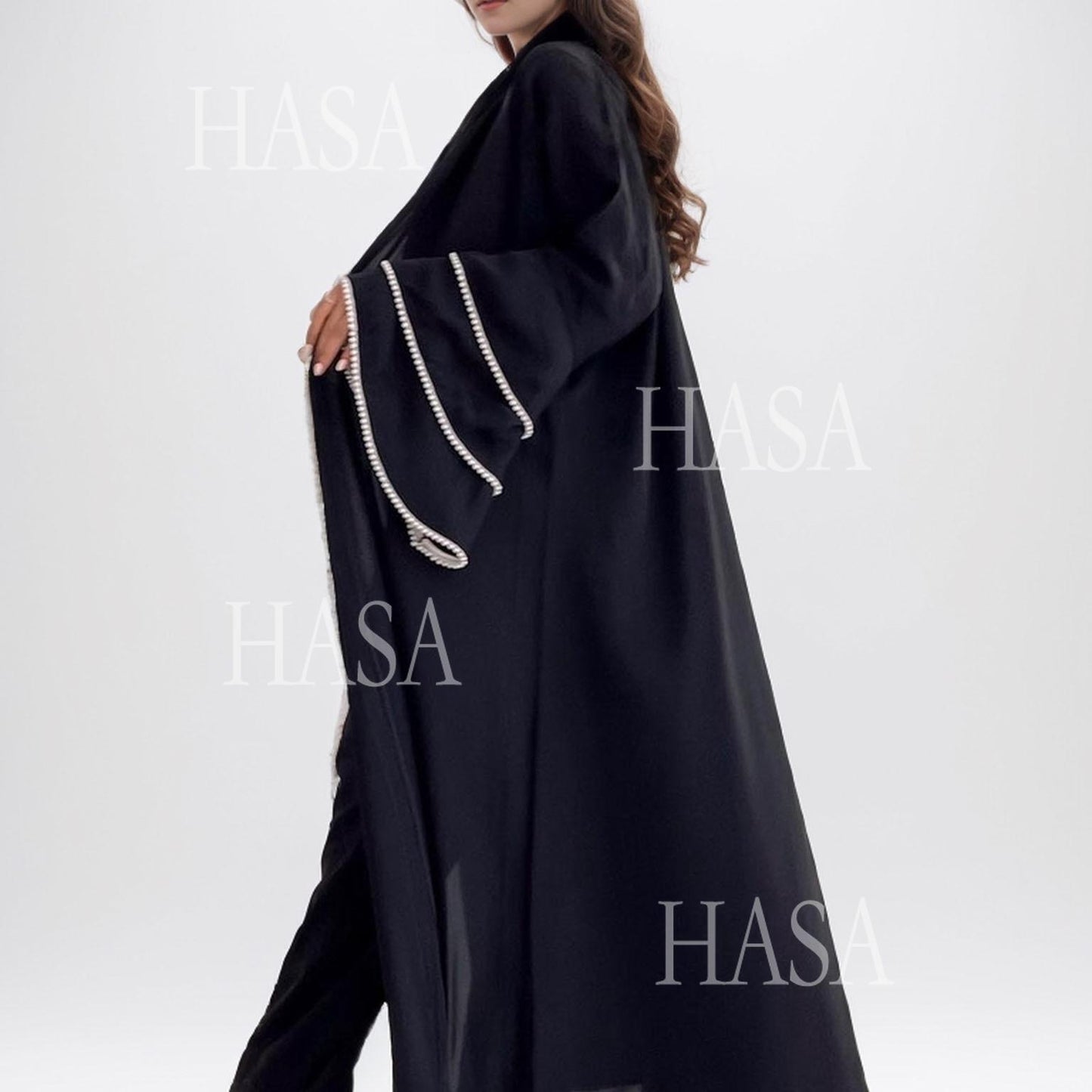 HS6543 Elegant Abaya with Hand-Embroidered Pearl Details