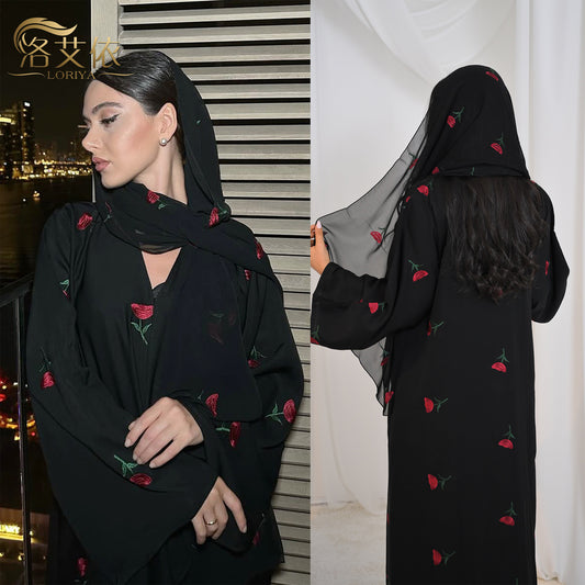 HS6631 Long cardigan with floral embroidery (headscarf optional)
