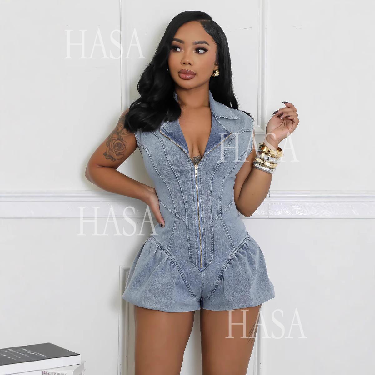 HASA HS6296 Bold Collared Denim Romper with Flattering Waist Detail