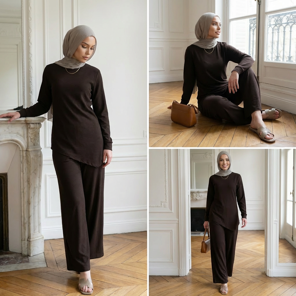 HS6614 Modest Nida Two-Piece Set with Waist Tie & Pocket Trousers