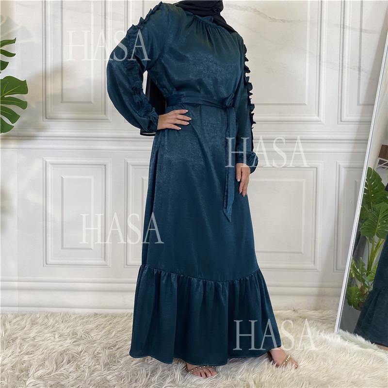 HS6591 Solid Color Turtleneck Long Sleeve Dress with Pleated Waistband