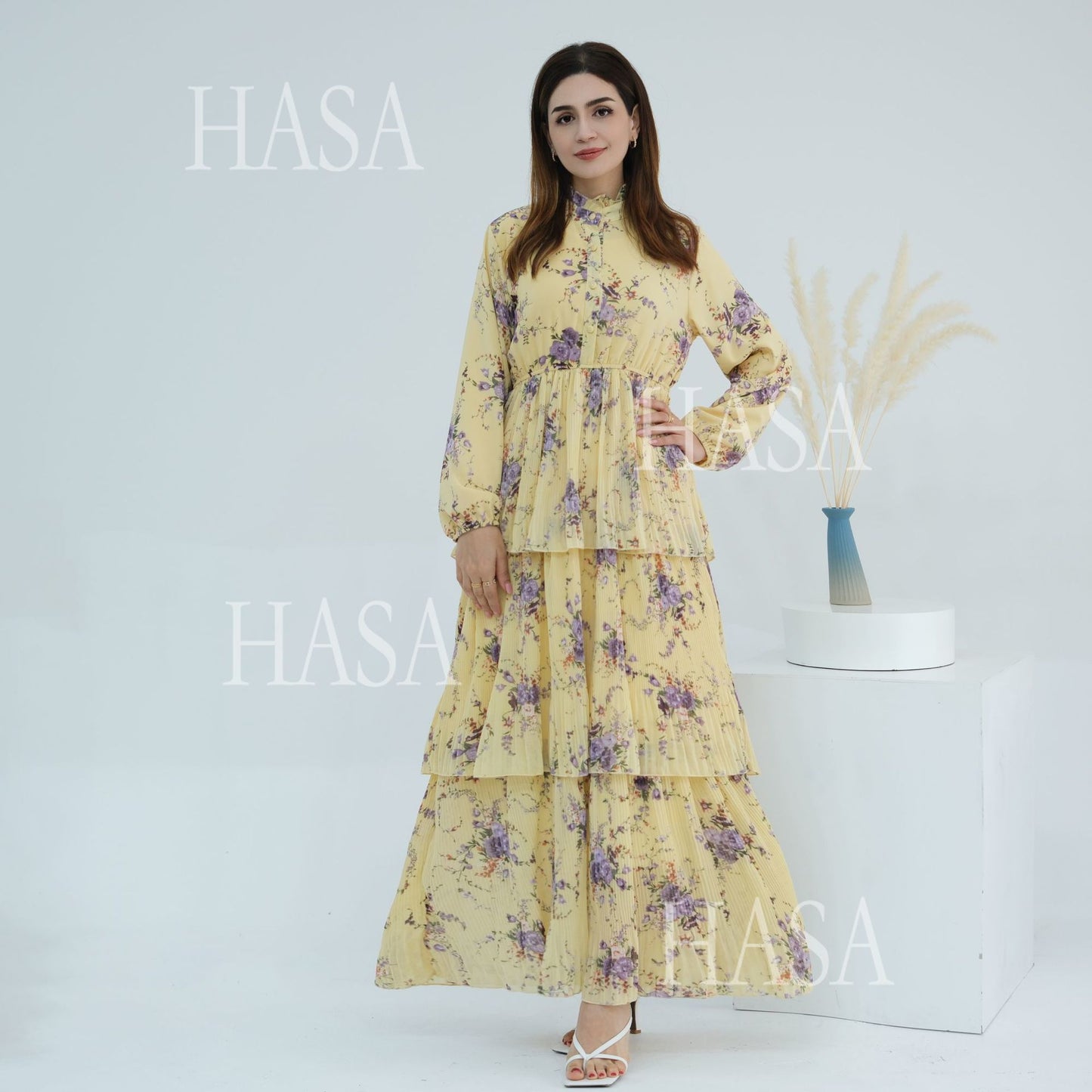 HS6500  Romantic Layered Print Long Dress