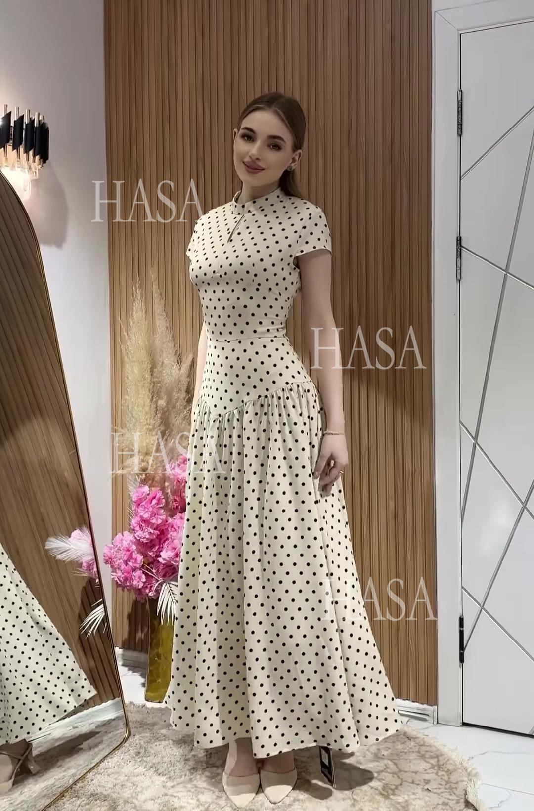 HS6740 Chic Polka Dot Long Dress High Neck Short Sleeve Waisted Maxi Dress