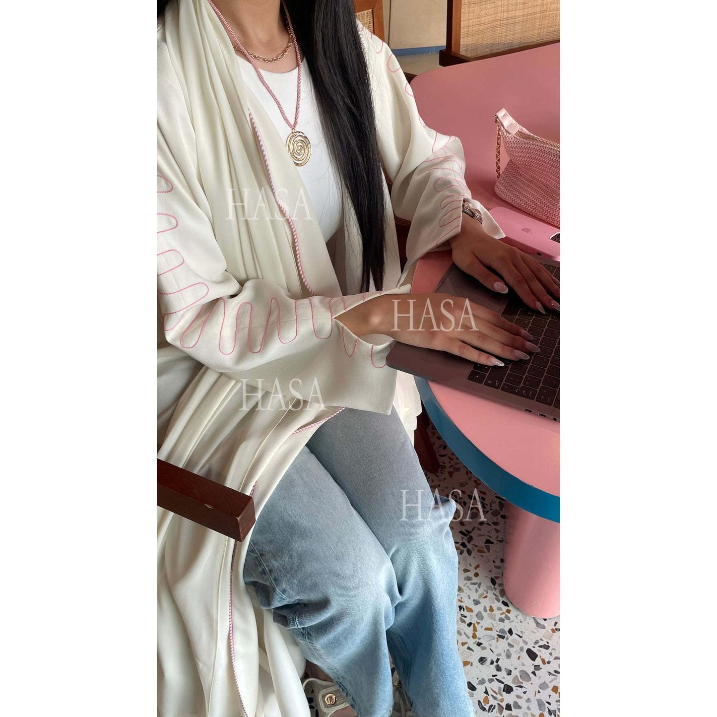 HASA's Series HS6582 Abaya Women's Long Embroidered Cardigan Jacket with Wavy Edges