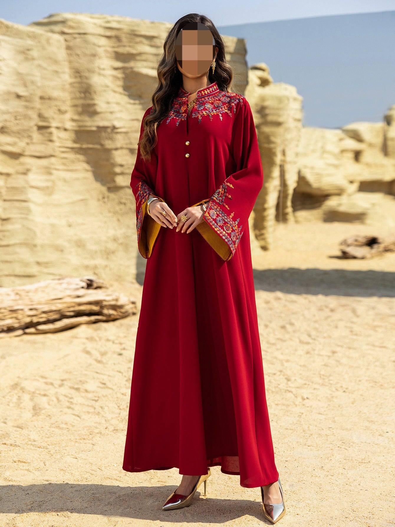 HS6655 Embroidered loose-fitting long dress | Soft drape and delicate cuff design