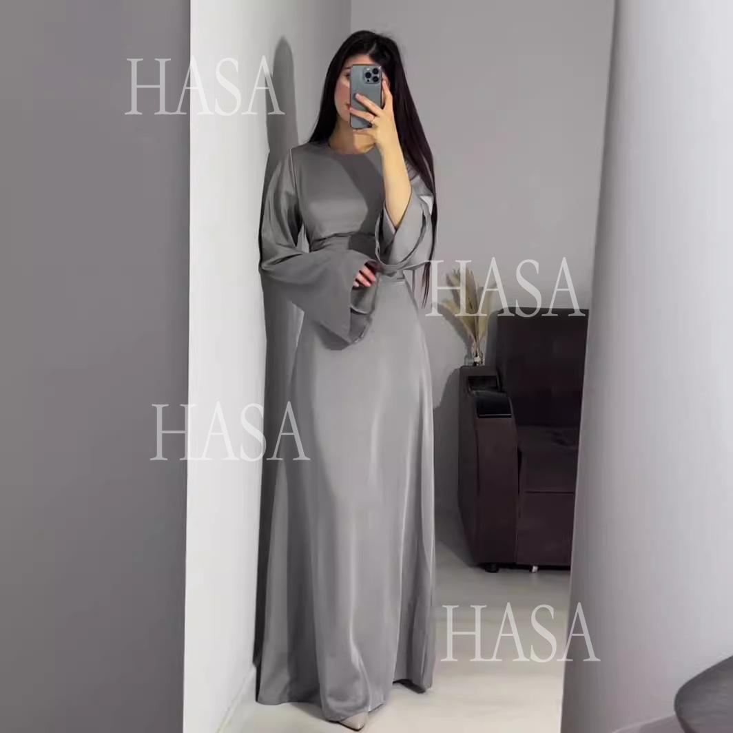 HASA HS6757 Classic Round Neck Flowy Maxi Dress