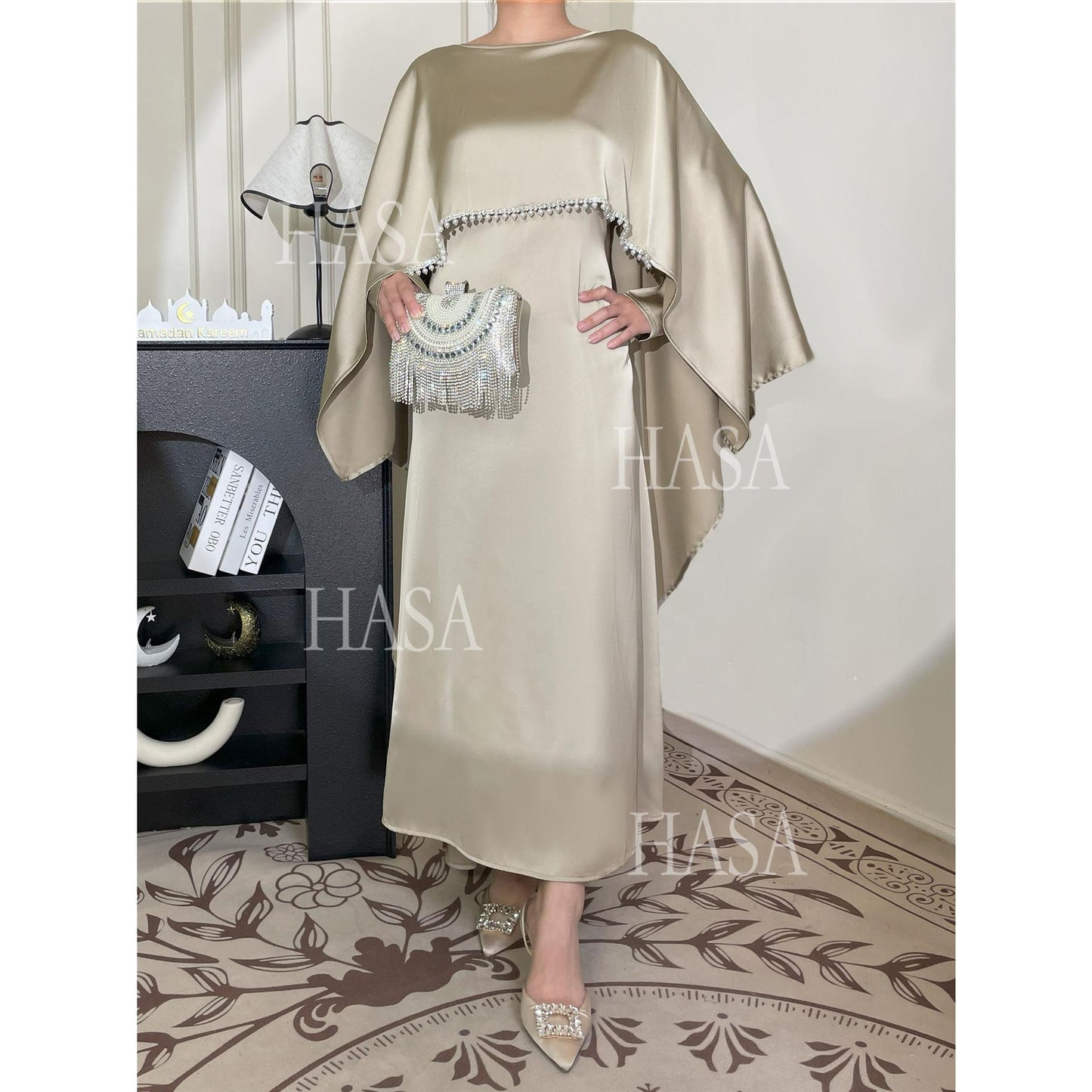 HS6570 Elegant Cape-style Satin Dress Robe for Women