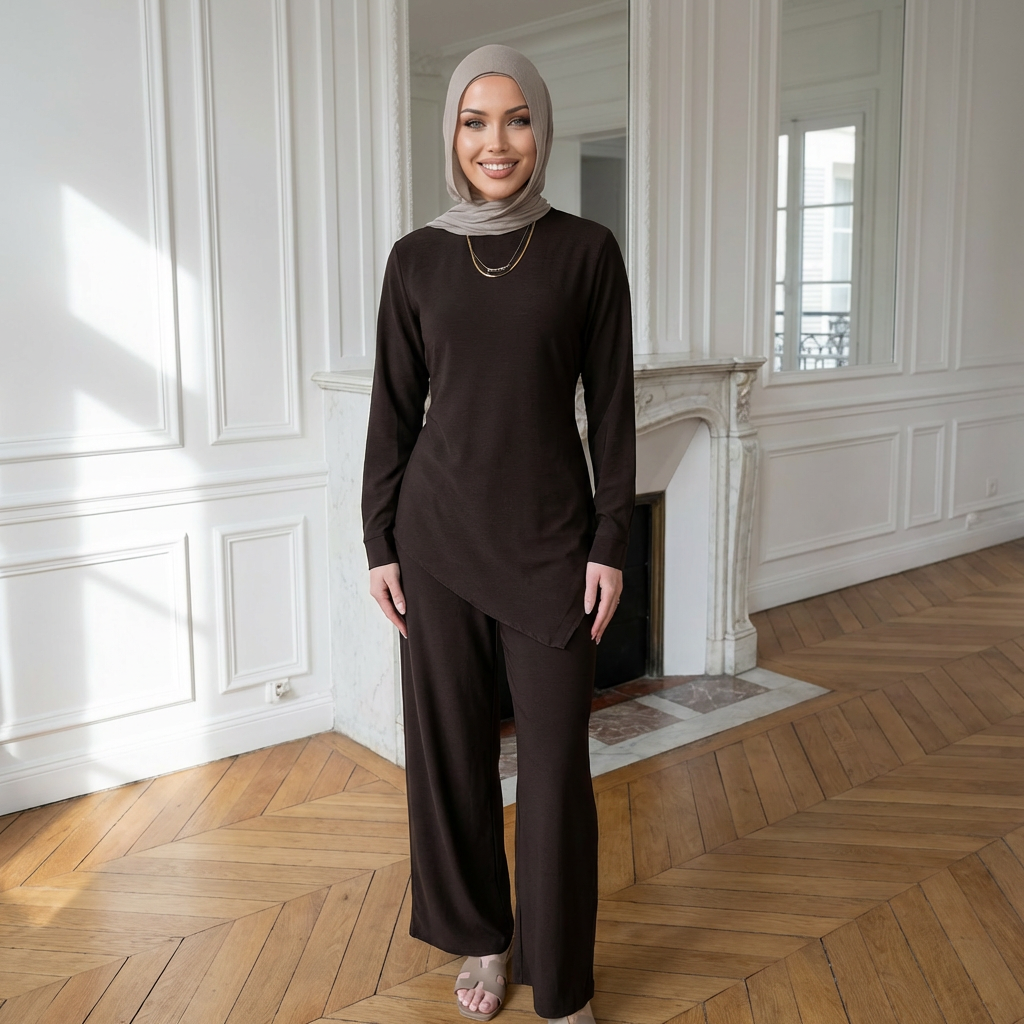 HS6614 Modest Nida Two-Piece Set with Waist Tie & Pocket Trousers