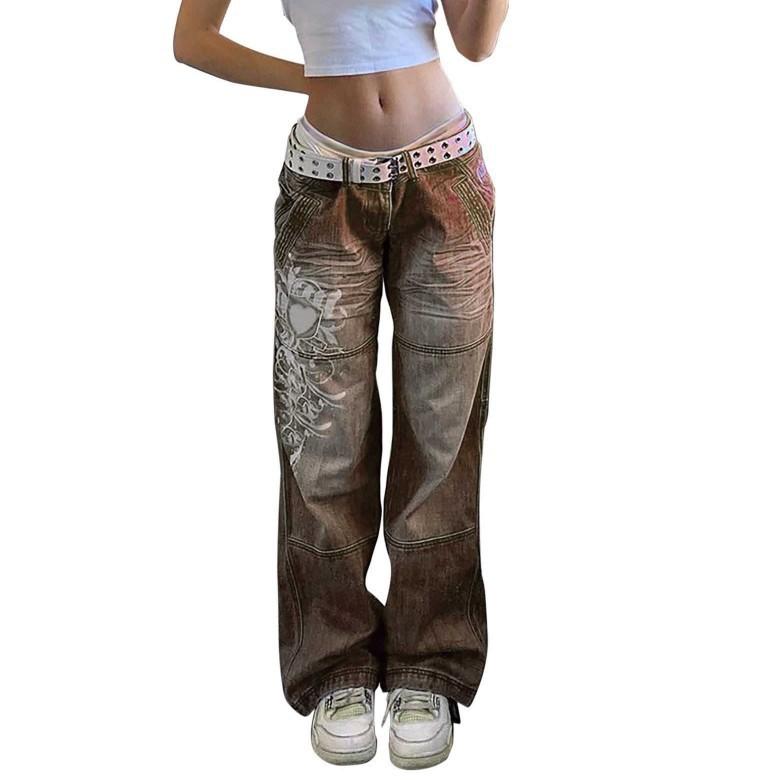 HS6382 Street Style Women's Clothing Irregular Printing Loose Trousers Low Waist Folds Washed for Old Multi-colored Jeans