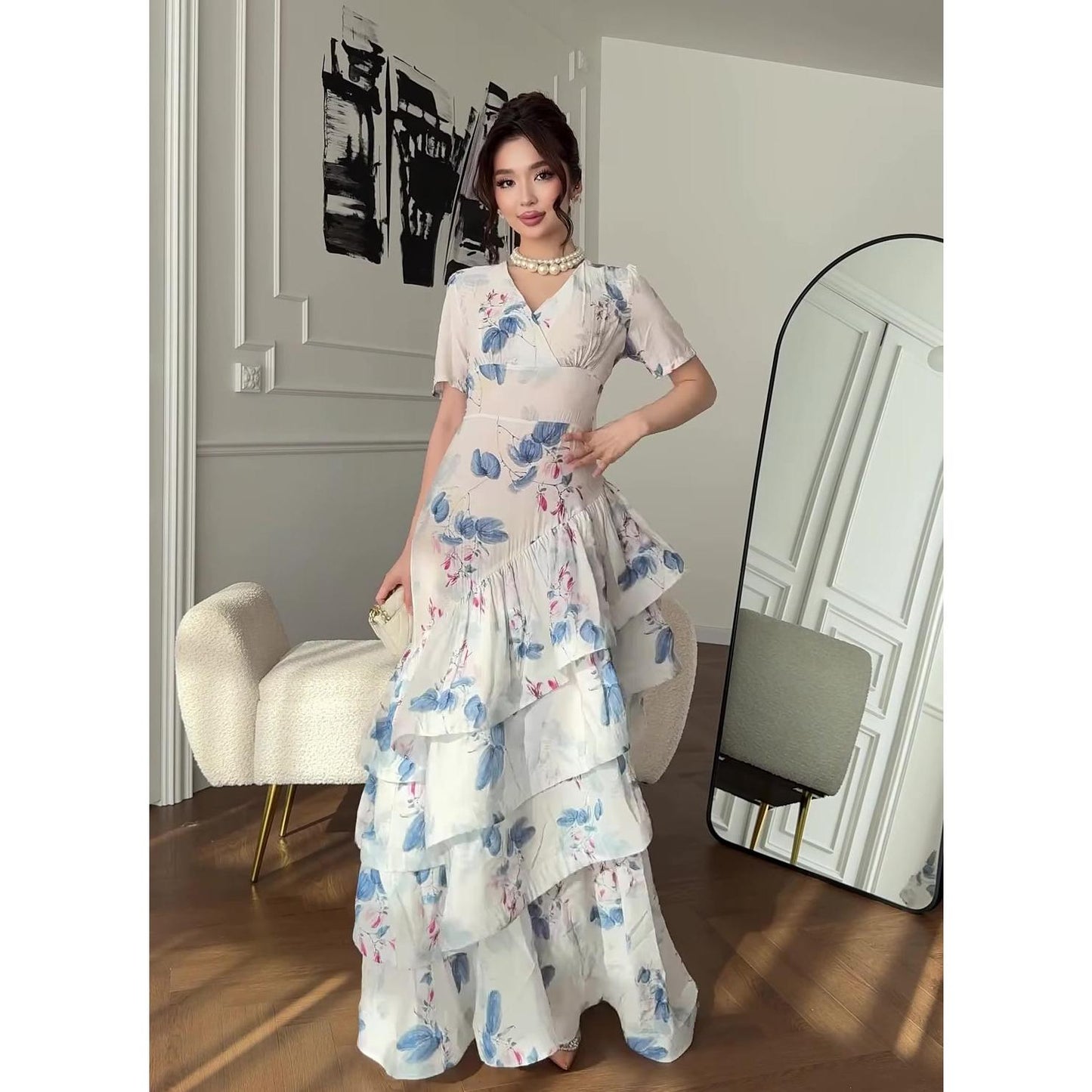 HS6747 Soft Girl Inspired Flowing Maxi Dress