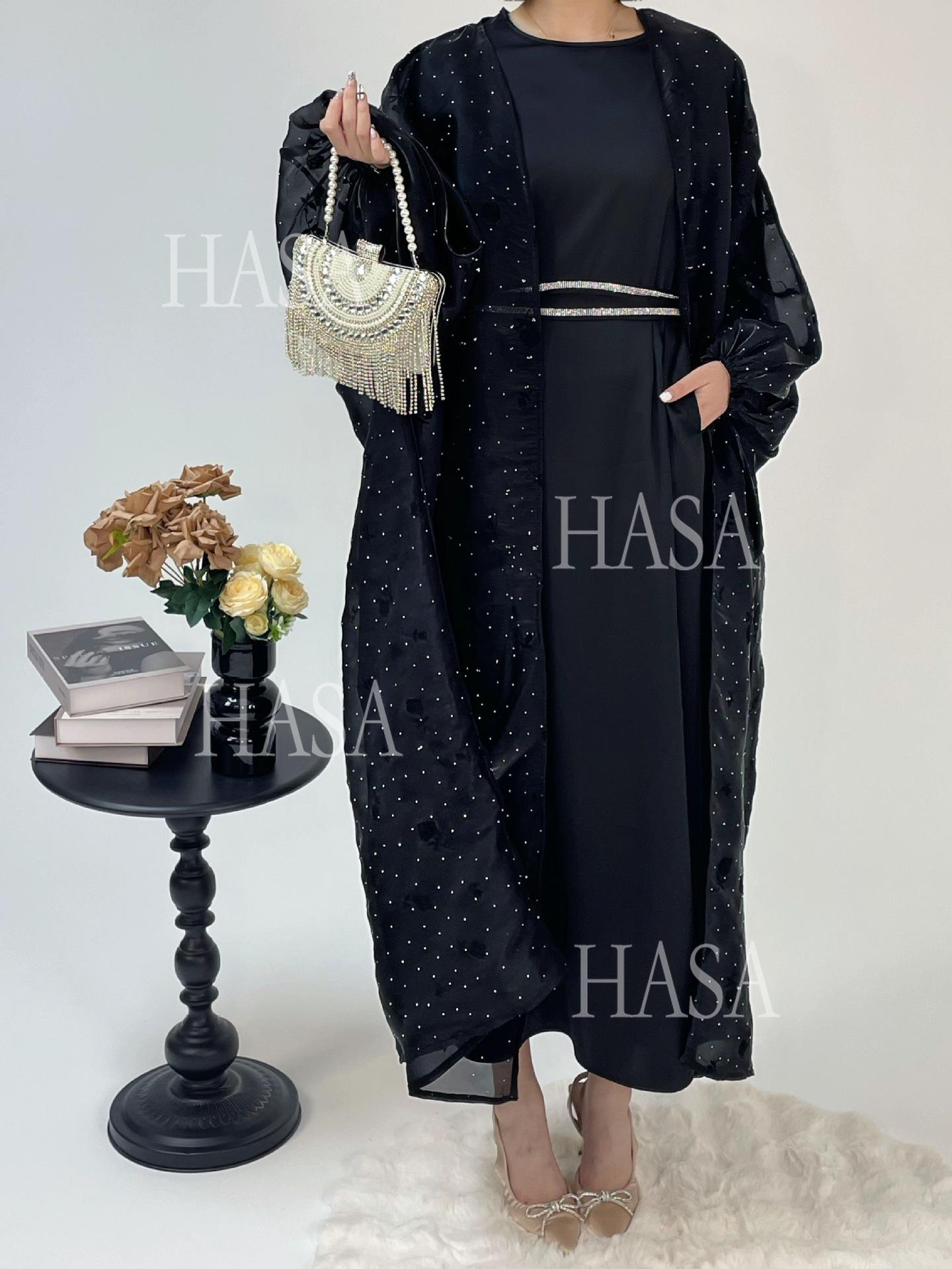 HS6536 Elegant Rose Pattern Abaya Outer Dress Set